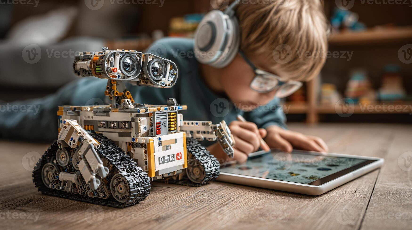 Engaged Child Programming a Robot with Tablet During STEM Activity photo