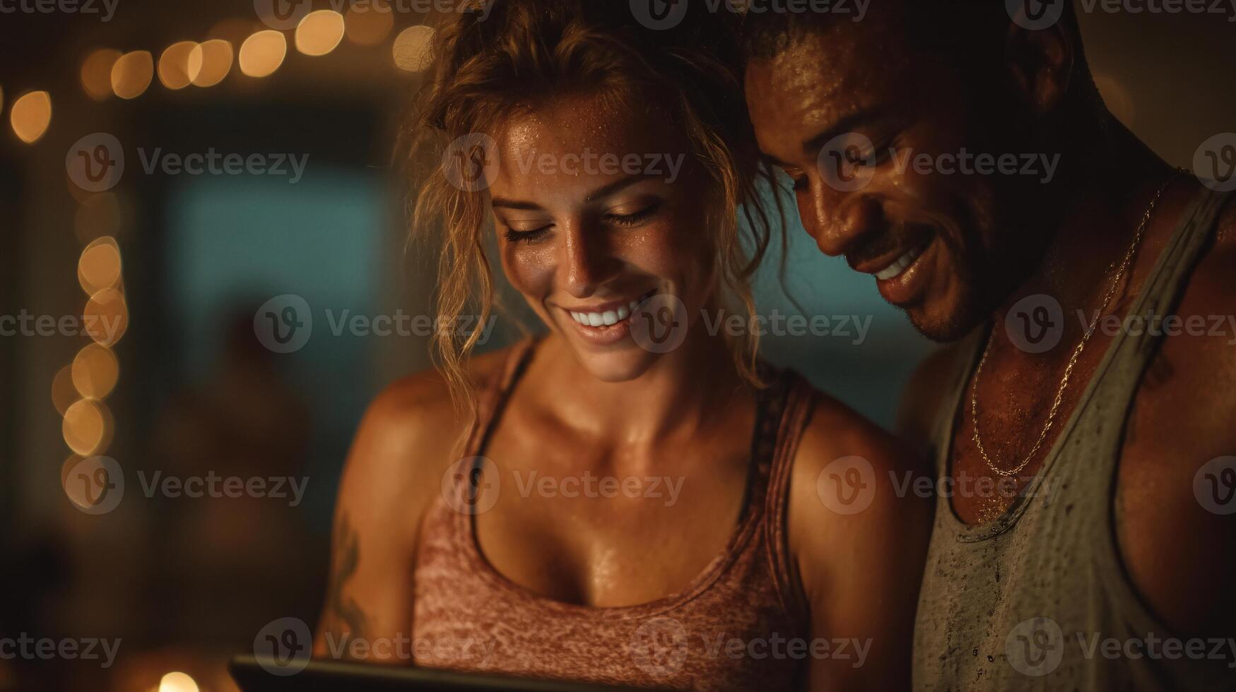 couple engaging in fun dance workout session using tablet photo