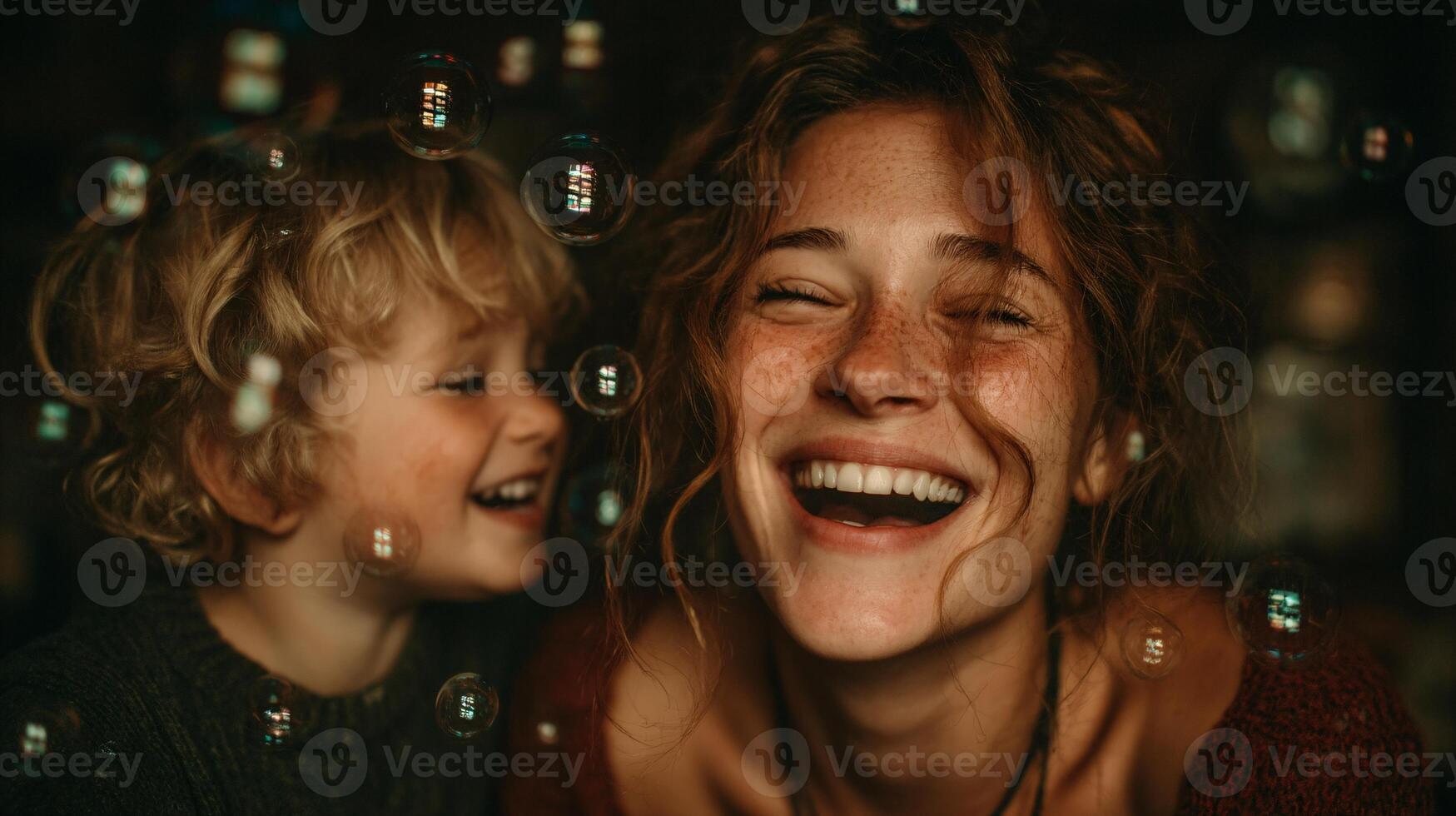 cheerful scene of laughing mother and son amidst fluffy soap bubbles photo
