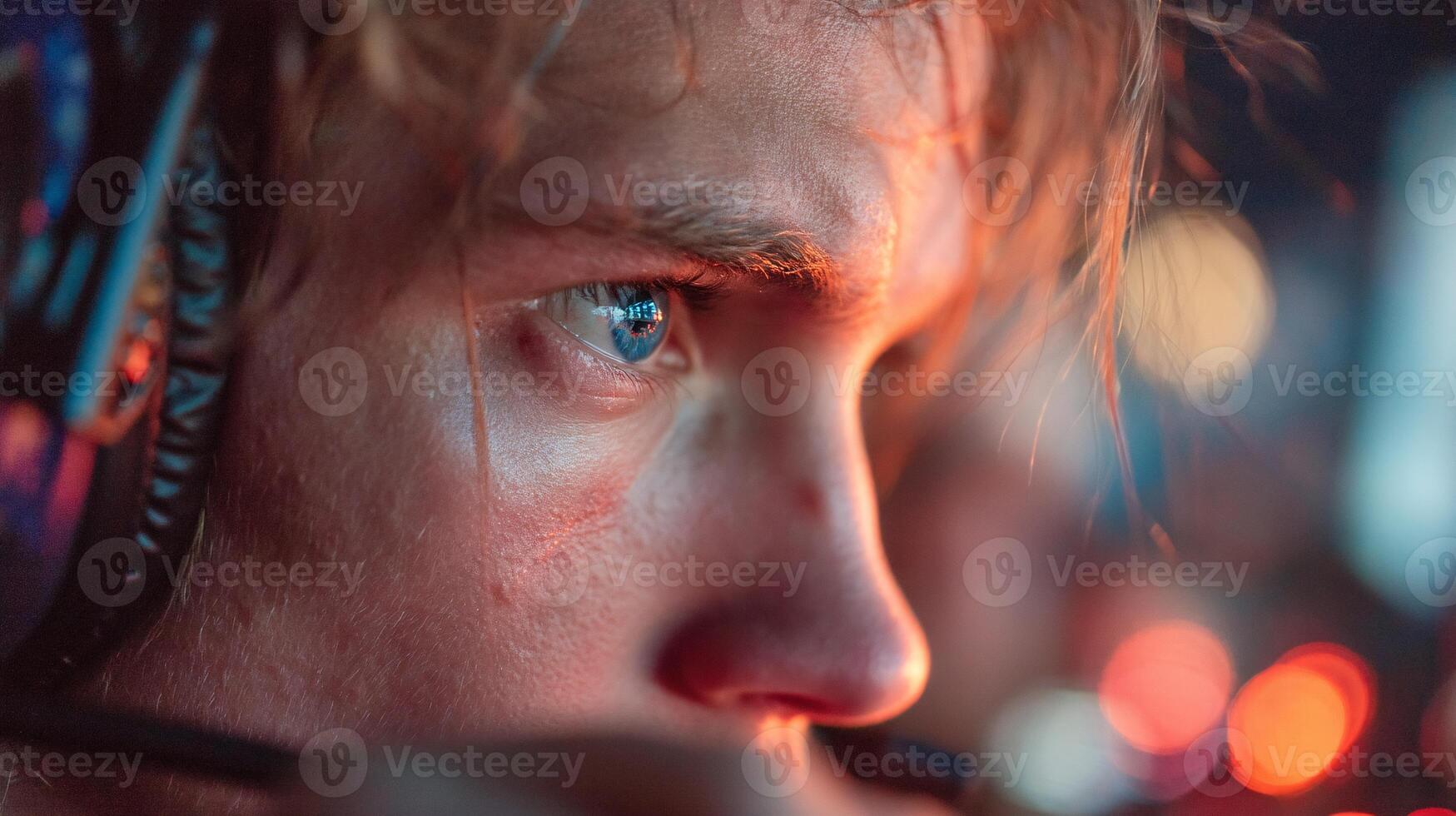 Intense Gamer Focused on Competition with RGB Lighting and Blurred Monitors photo