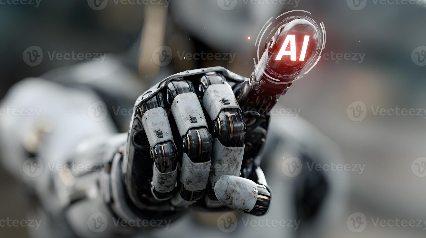 image showcasing a robot finger delicately interacting with a luminous glowing AI symbol photo