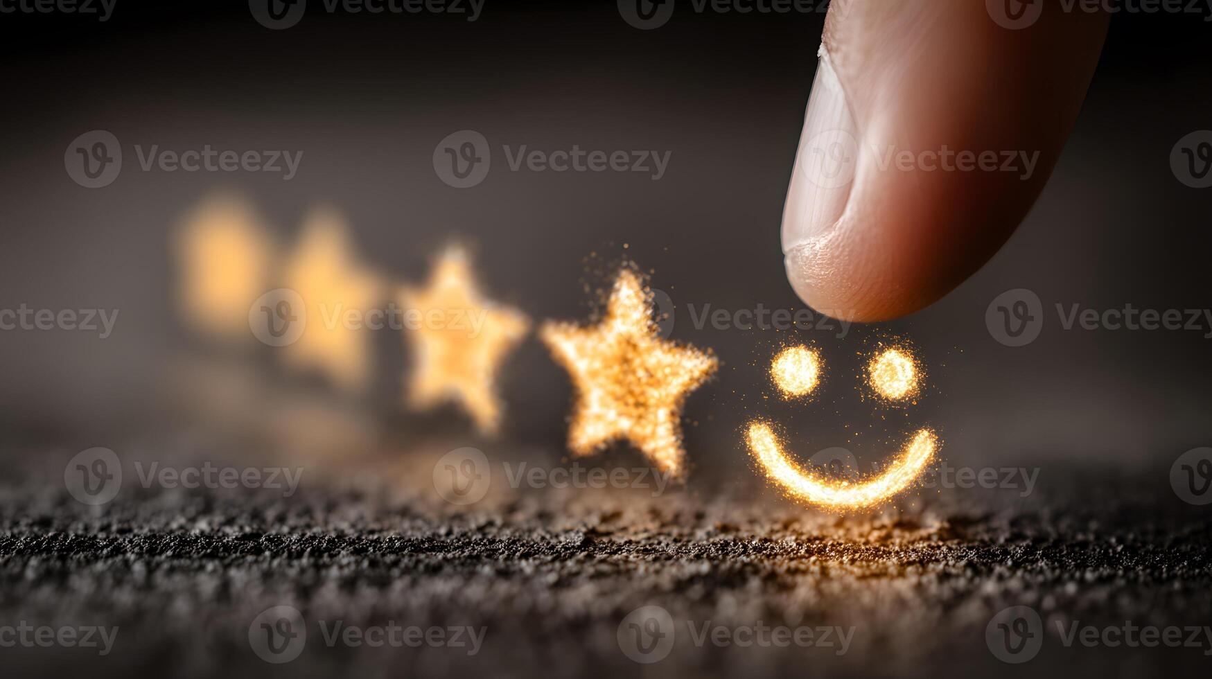 Close-Up Tapping a Smiley Face Rating Icon with Glowing Stars photo