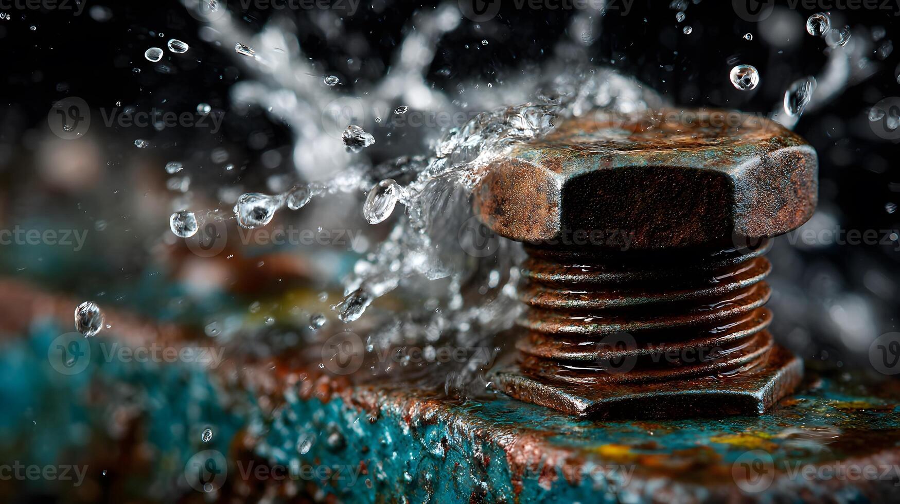 Close-up View of a Metallic Bolt and Nut Connection Amidst Water Splashes photo