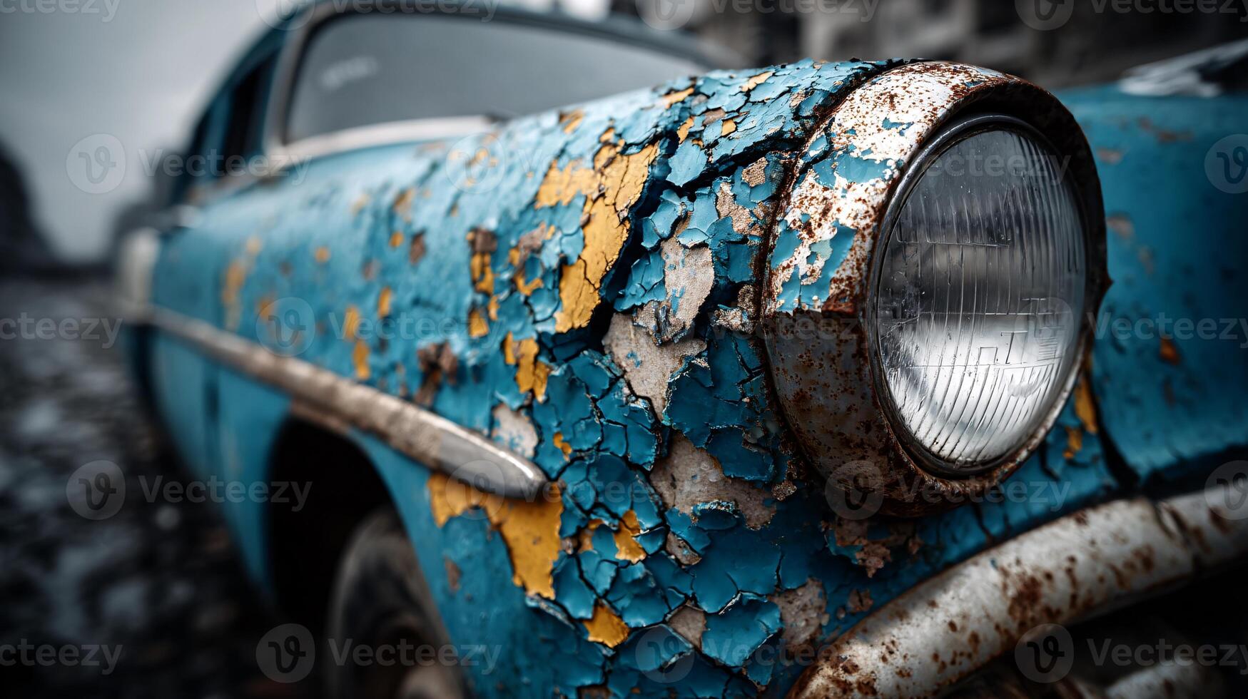 Severely Dented Car Door Revealing Blue Paint Damage and Texture photo
