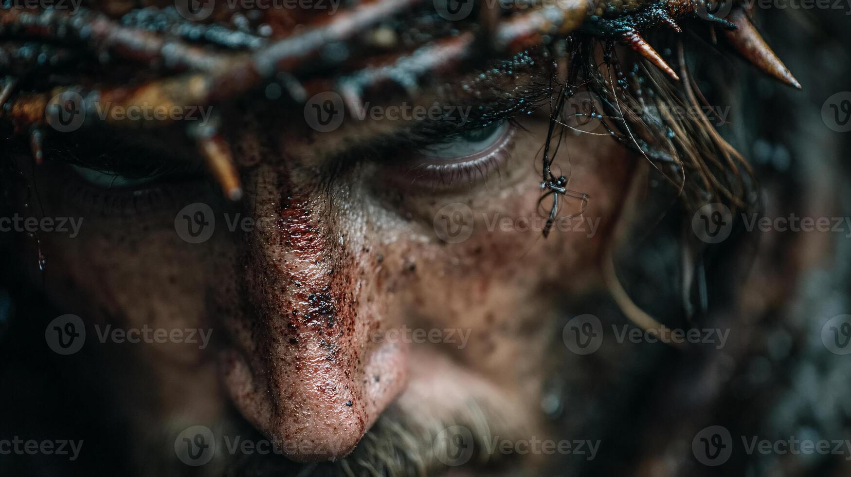 Dramatic portrayal of Jesus suffering adorned with thorns photo