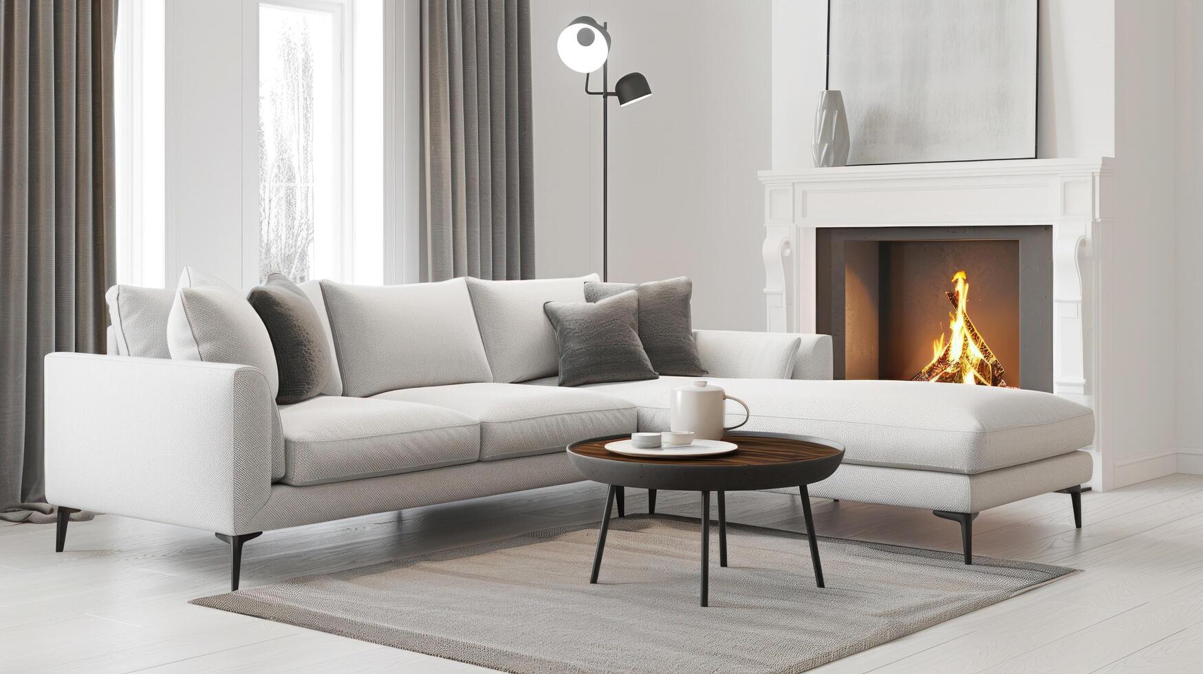 White Sofa with Fireplace in Living Room photo