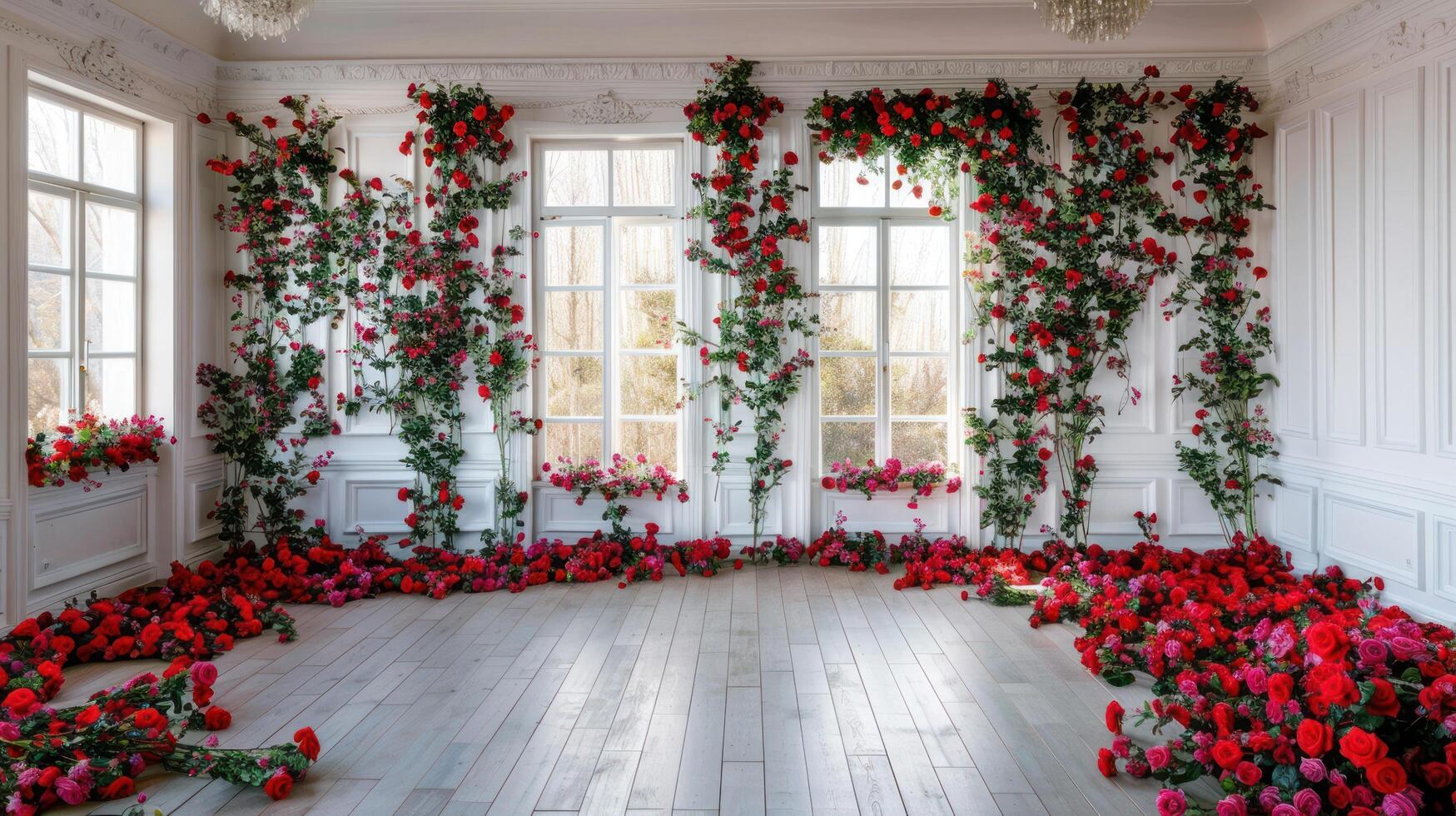 Red Rose Interior with White Walls and Wood Floors photo