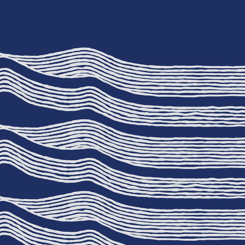 Hand drawn brush line abstract minimal wave and water, mountain stripes pattern in white and blue, Japanese ane ethnic wood carving, block print texture background, simple graphic for textile vector