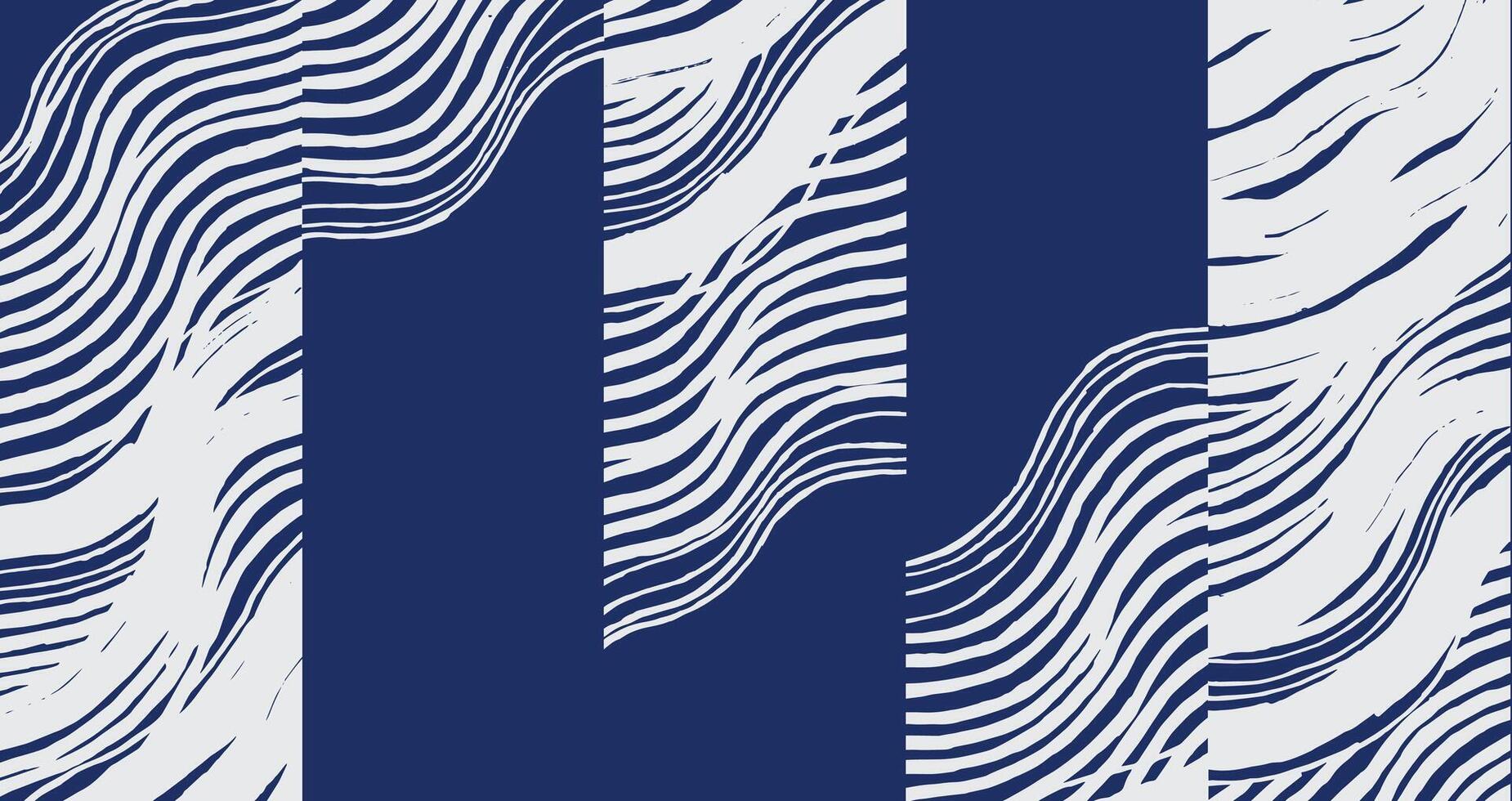 Hand drawn brush line abstract waves and water patchwork pattern in white and blue, Japanese and ethnic folk wood carving, block print texture background, simple graphic for textile, decoration vector