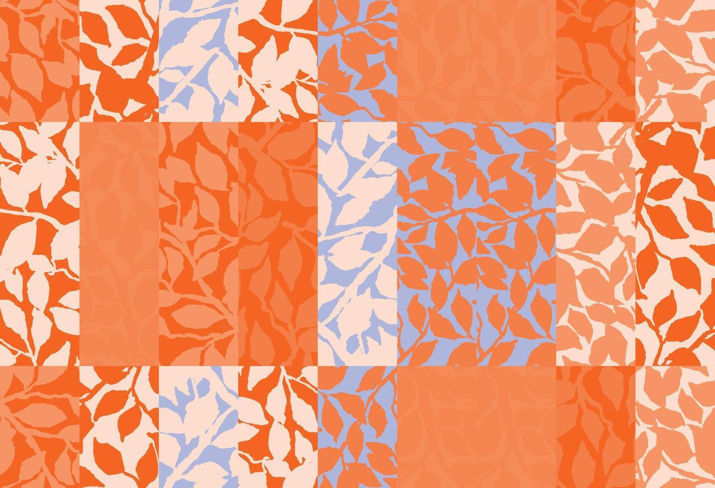 Seamless botanical pattern with layered leaves in a modern patchwork layout. Warm terracotta, soft peach, and pastel blue hues create a fresh, organic look for textile and surface design. vector