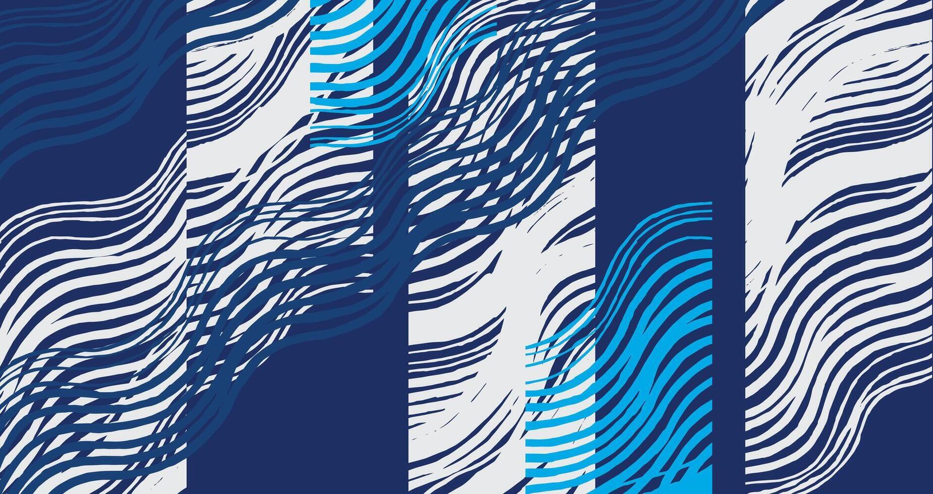 Hand drawn brush line abstract waves and water patchwork pattern in different shades of blue, Japanese and ethnic folk wood carving, block print collage texture background vector