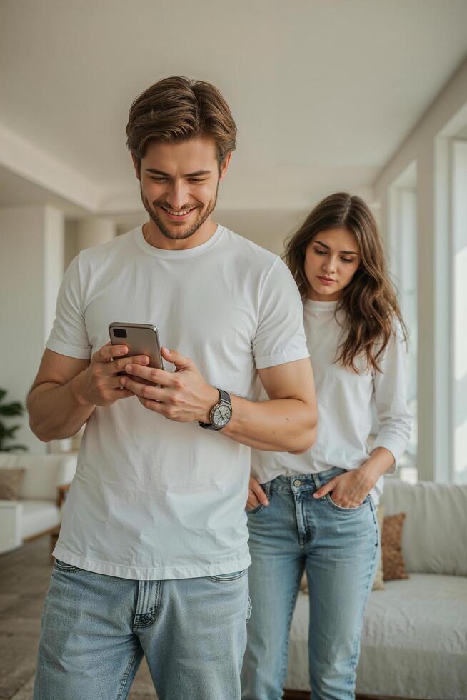 a cheerful man is texting someone on his smartphone, his sad wife next to him in the apartment photo