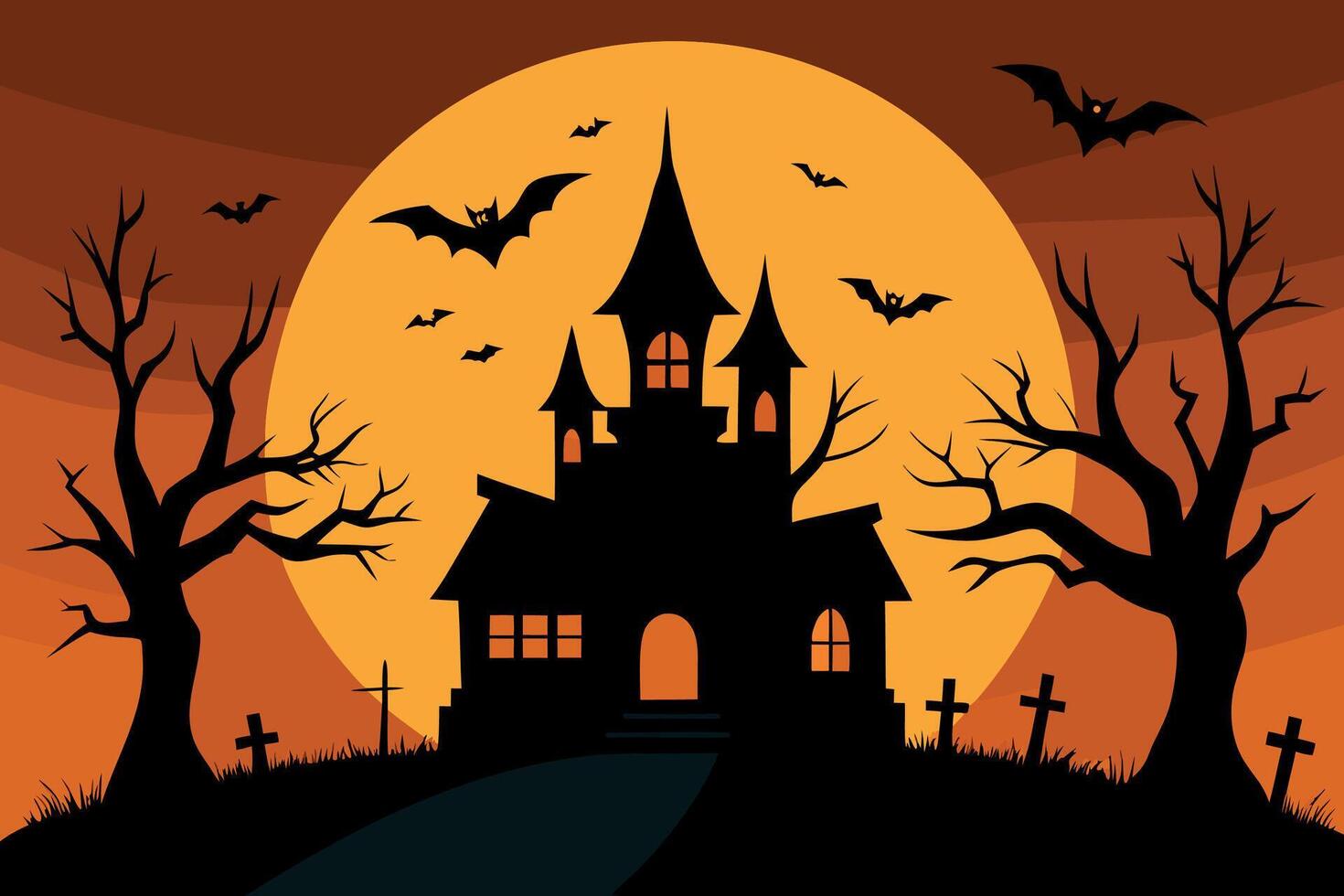 Spooky Halloween Haunted House Silhouette Bats, Graveyard, Full Moon, Orange Sky vector