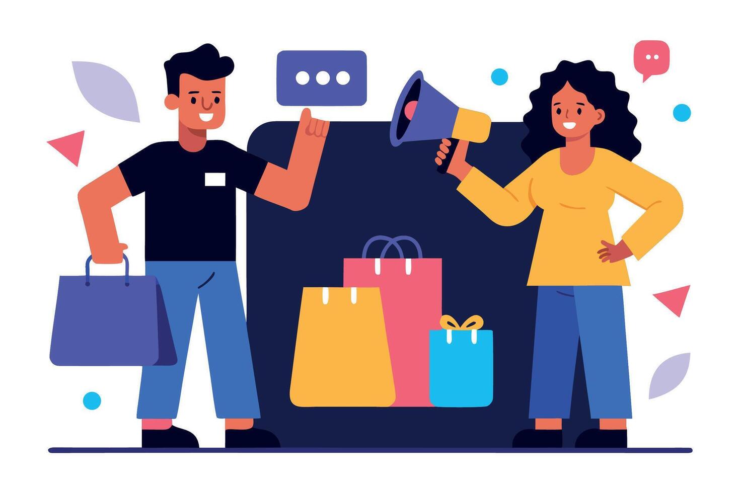 A man and woman promote online shopping with bags and a megaphone in a illustration vector