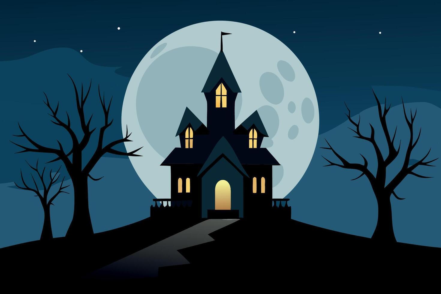 Spooky Halloween Haunted House Illustration Dark Night Scene with Full Moon, Silhouette Trees, and Glowing Windows. vector