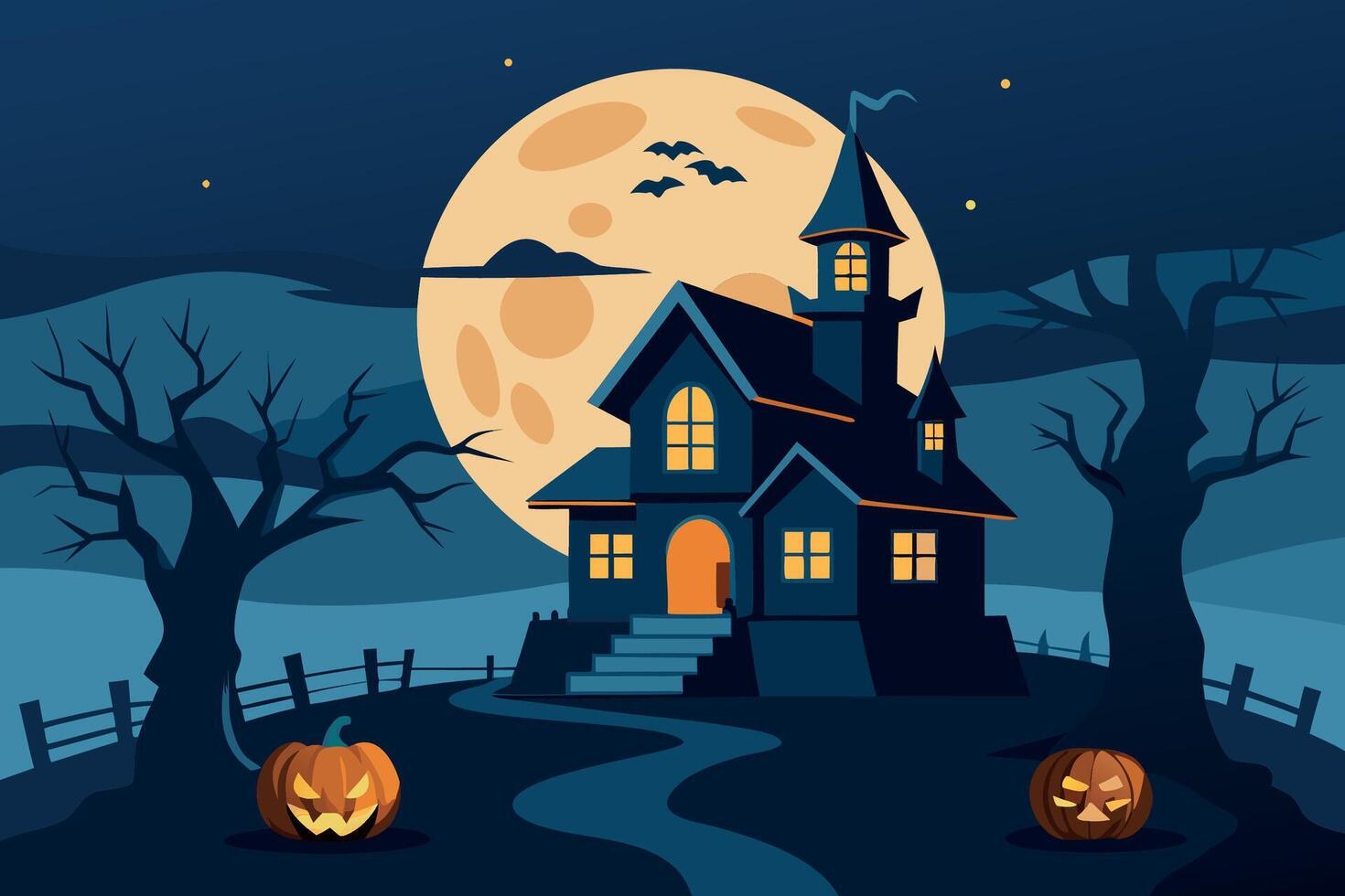 Spooky Halloween Haunted House Illustration Dark Night, Full Moon, Jack-o'-lanterns, Flat Design Style. vector