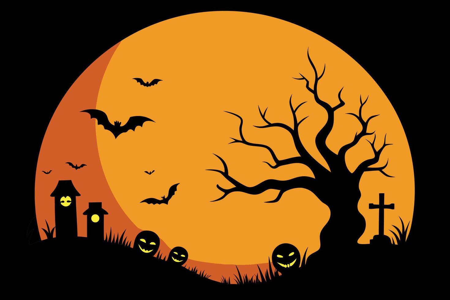 Spooky Halloween Night Silhouette Illustration of Haunted Houses, Bats, and Jack-o'-lanterns Against an Orange Moon. vector