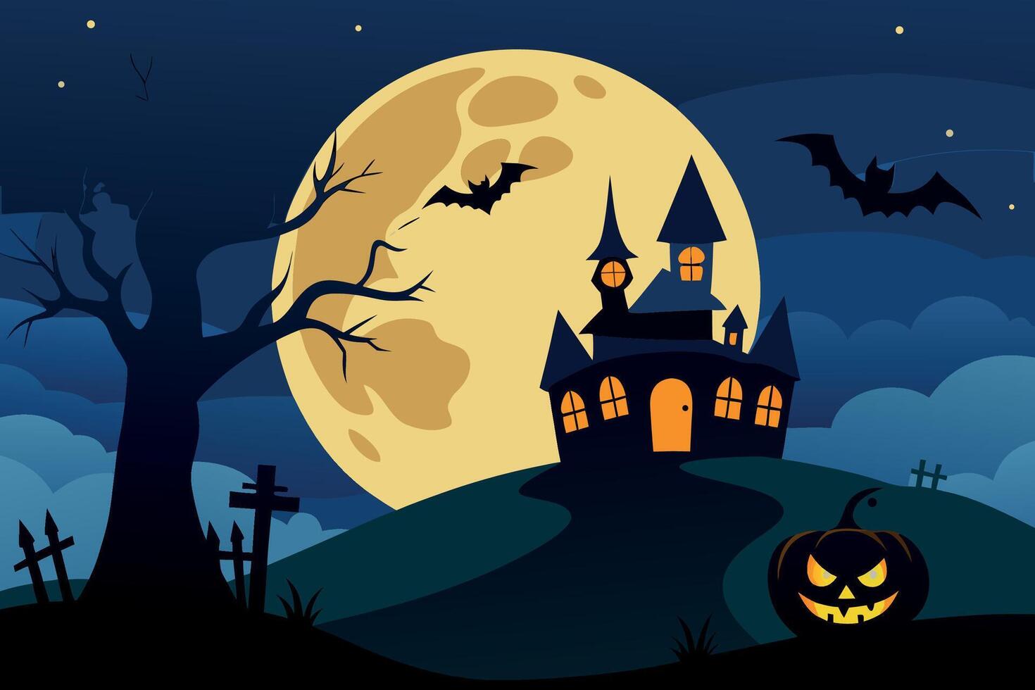 Spooky Halloween Night Haunted House, Full Moon, Bats, Jack-o'-Lantern, Graveyard, Cartoon Style Illustration. vector