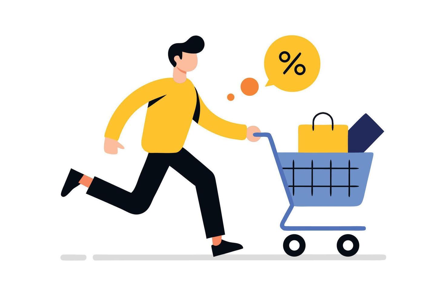 A man runs with a shopping cart during a sale, eager to grab the best deals vector