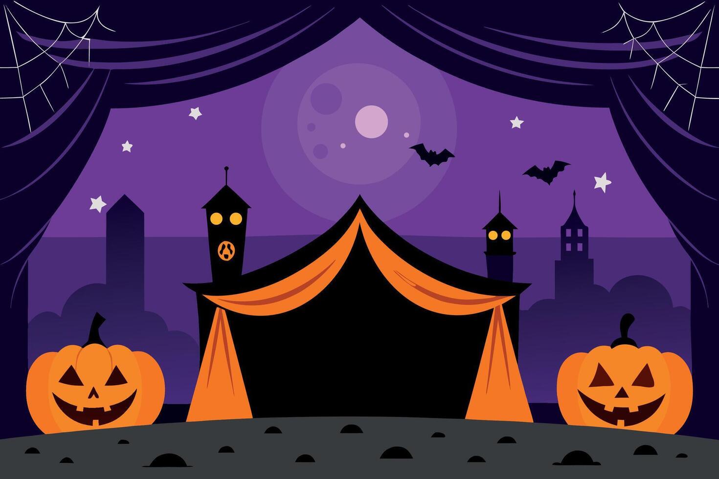 Spooky Halloween Stage Cartoon Jack-o'-lanterns flank a black tent under a purple night sky, bats and a full moon. vector