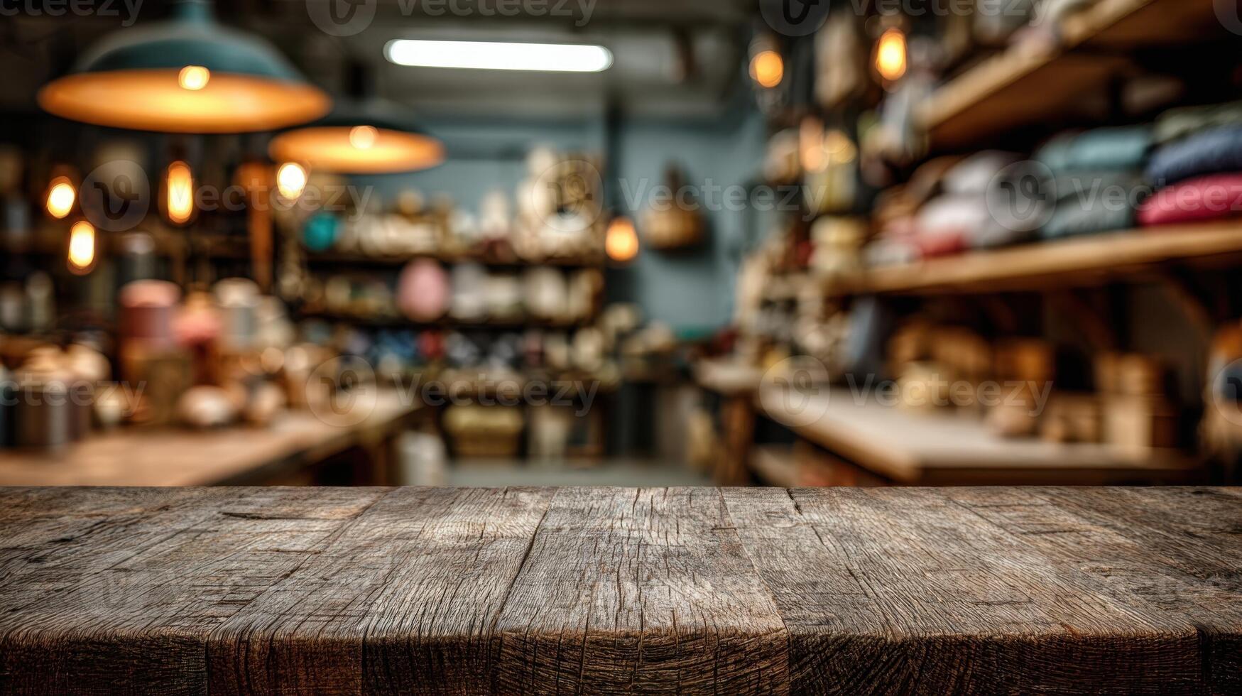 A wooden table in a store with lots of shelves photo