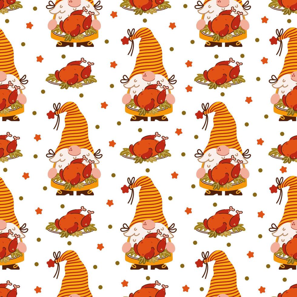 Cute autumn gnomes, seamless pattern. Funny elves with beards hold plates of roasted holiday turkeys. Scandinavian characters at a festive Thanksgiving dinner. Flat background for fall party vector