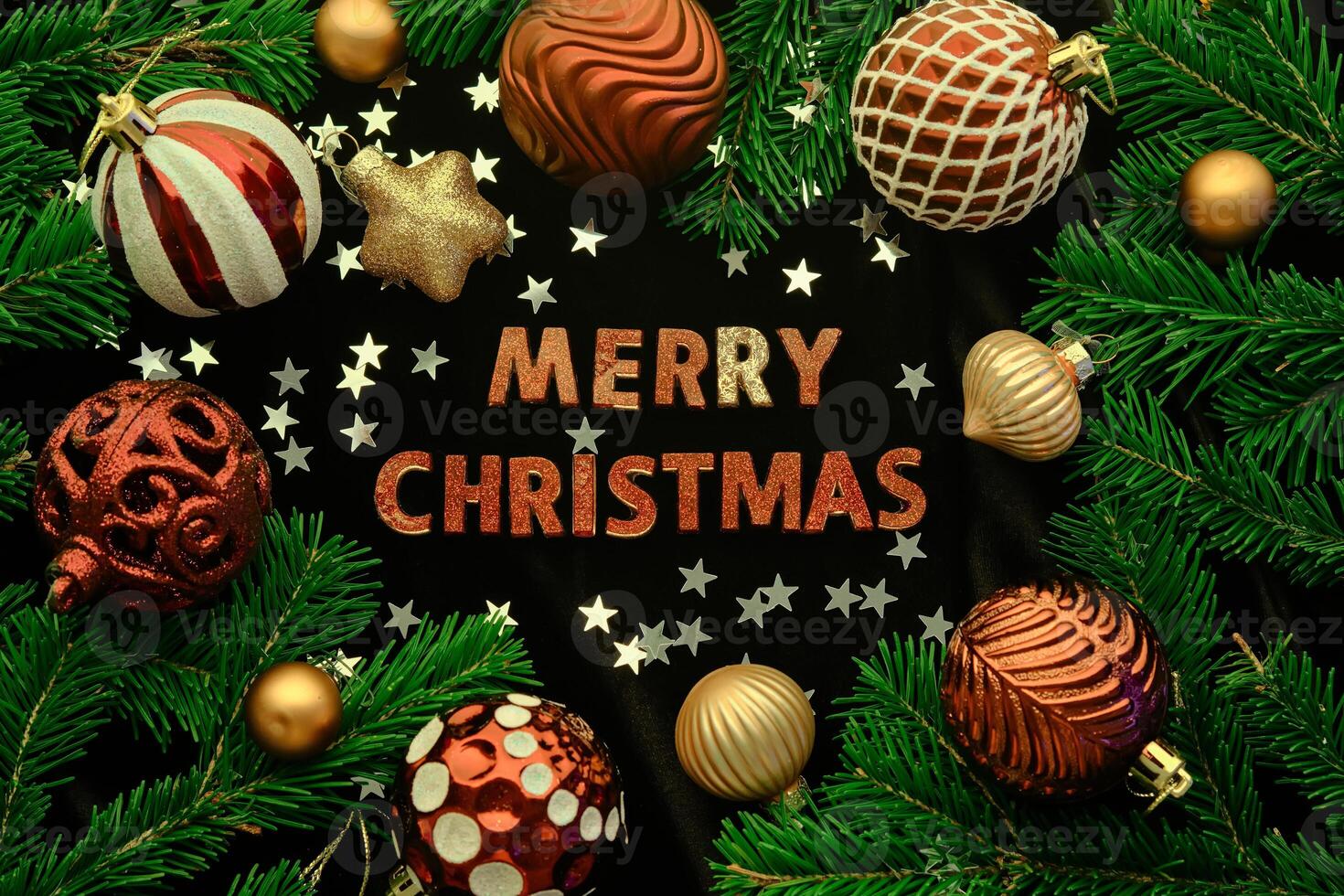 Dark Christmas background with the words MERRY CHRISTMAS. photo