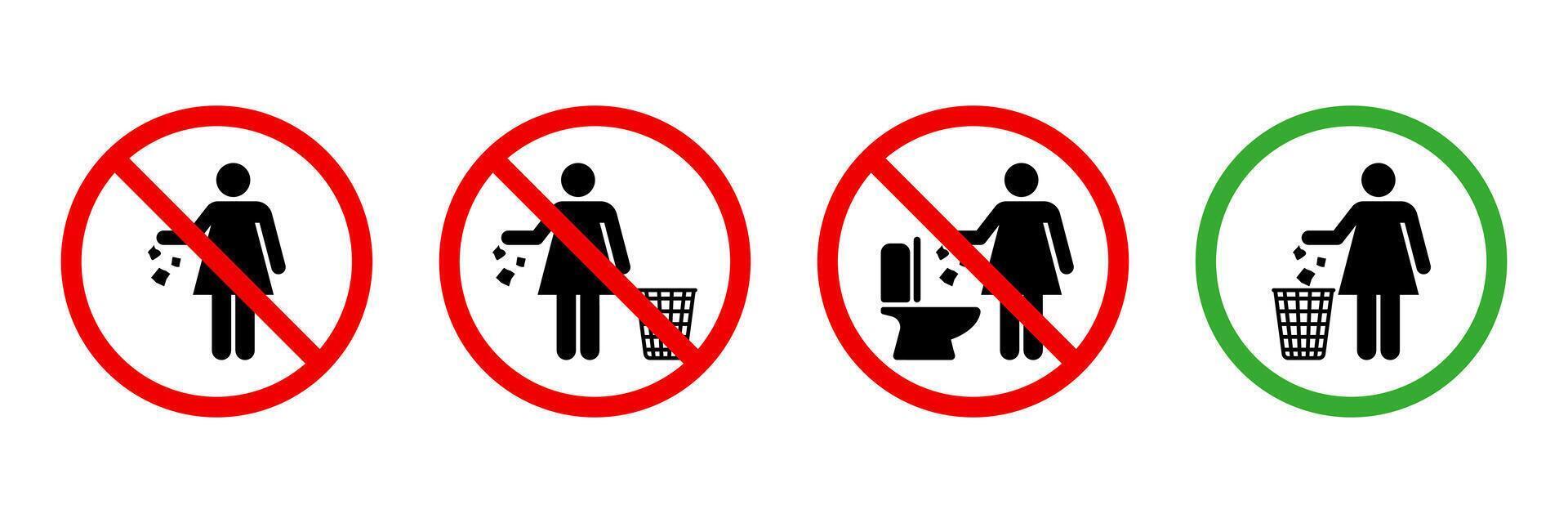 Woman please throw litter in the bin. No toilet pictogram icon. Allowed to throw napkin, paper, pads, towel in waste bin pictogram. No flush litter in toilet sign. Throw out the trash icon. vector