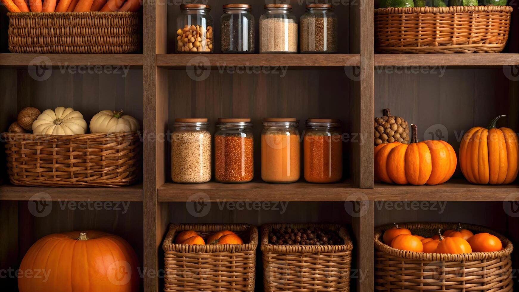 Vibrant autumn display of pumpkins and spices in rustic wooden shelves photo