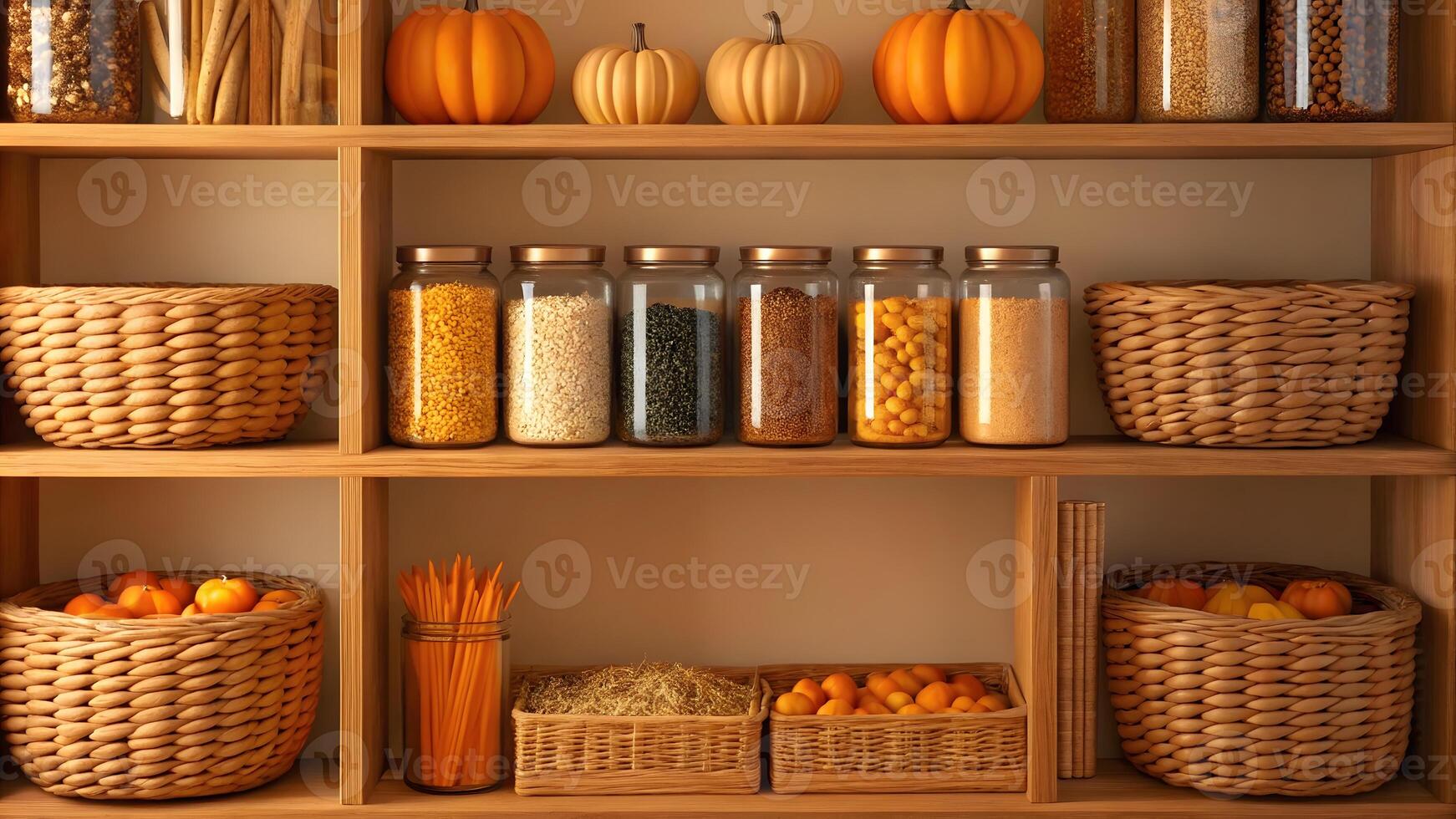 Shelves filled with jars and baskets of seasonal produce and ingredients in a cozy kitchen photo
