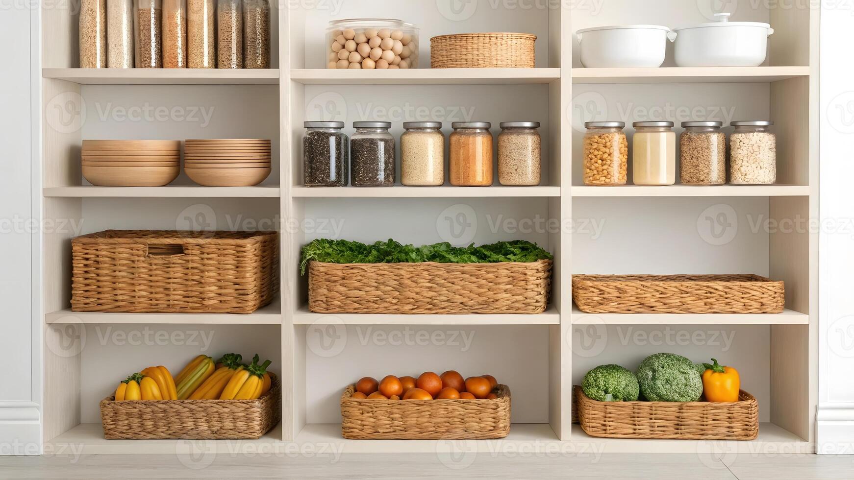 Organized kitchen pantry with various containers and fresh produce on display photo