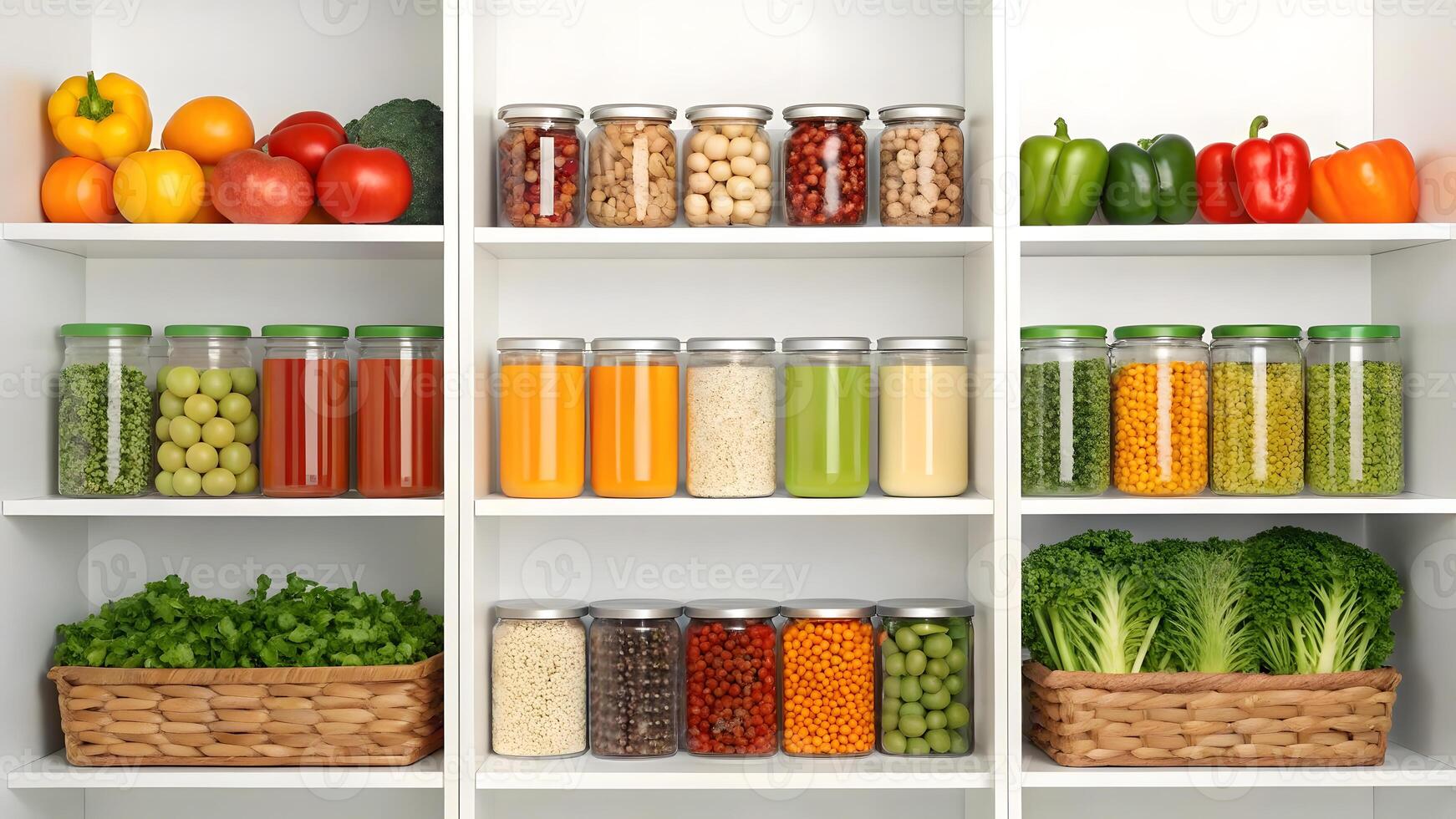 Colorful array of fresh vegetables and preserved items in a tidy kitchen pantry photo