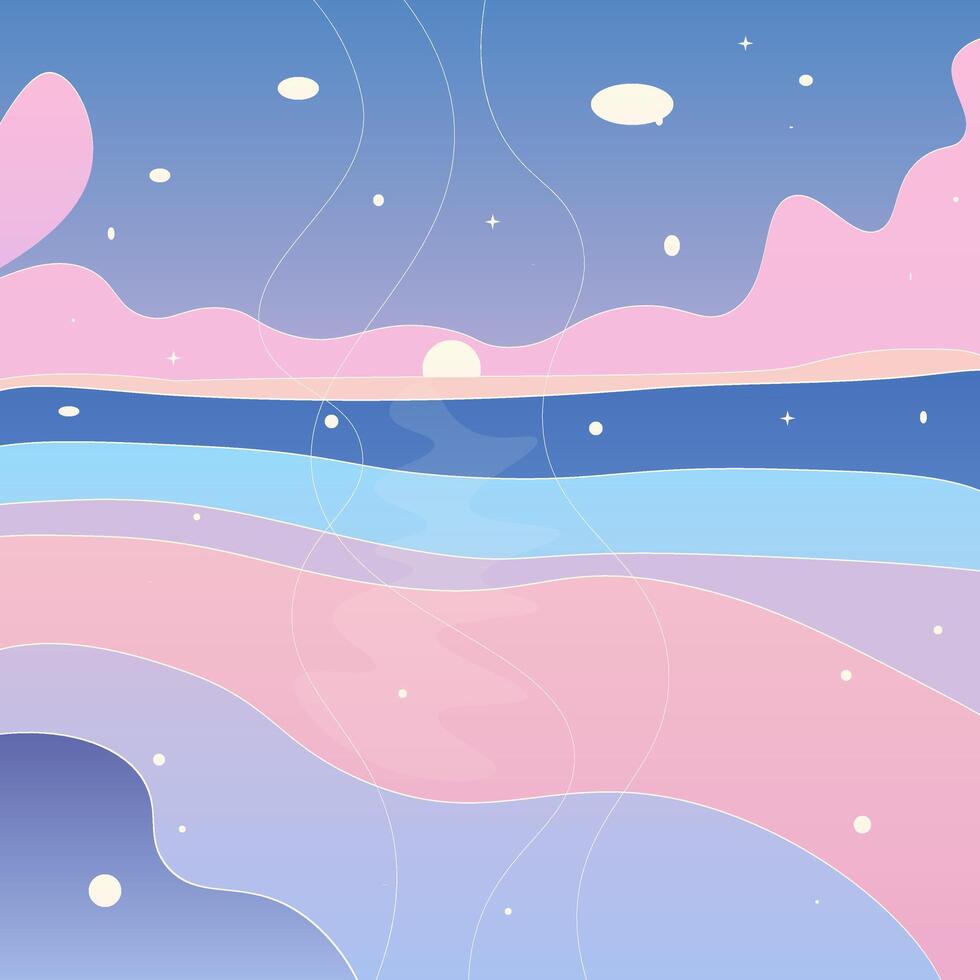 Abstract Retro Trendy Celestial Background Pink Purple Blue Lines Sea Sunset Landscape Dots vector