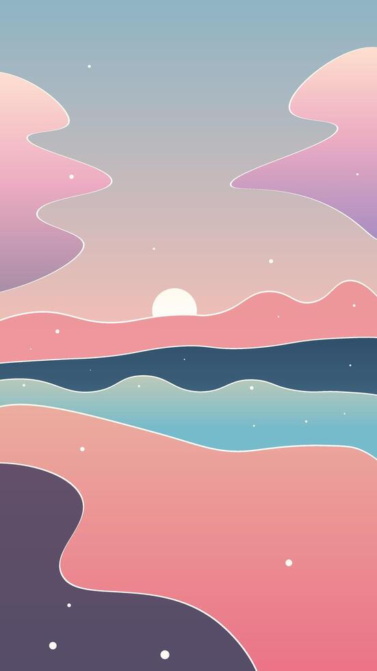 Abstract Retro Trendy Celestial Background Pink Purple Blue Lines Sea Landscape Dots vector