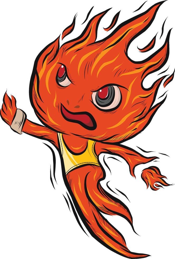 a fire character that burns and jumps to fly with fire in his hands vector