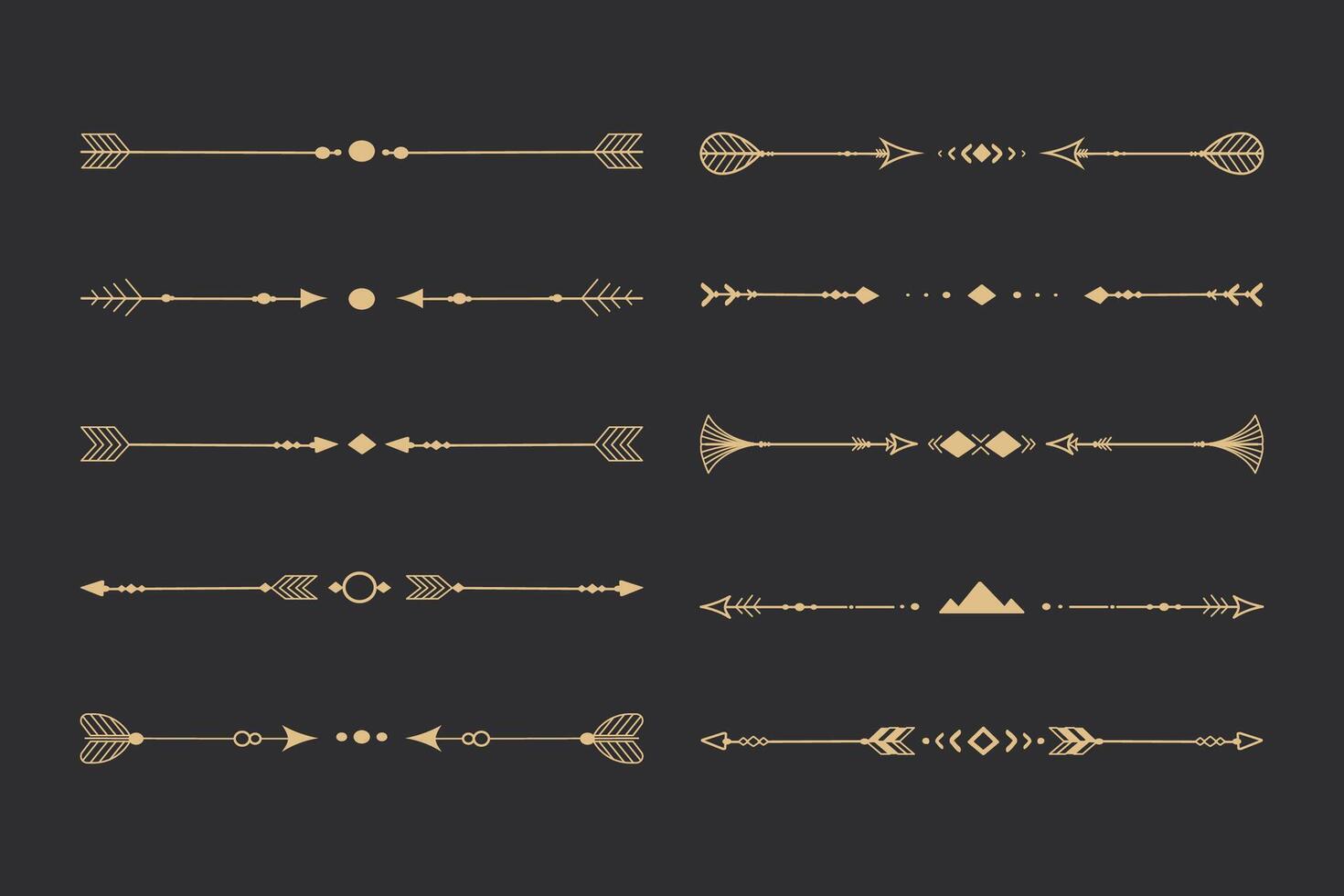 Set golden tribal ethnic arrow dividers, native indian bow boho in doodle style isolated on dark background. Collection borders, decoration elements vector