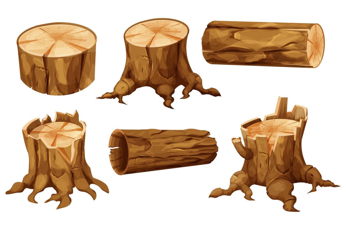 Set Wooden stump forest tree trunk with roots, log, cut section isolated. Plant detailed. vector