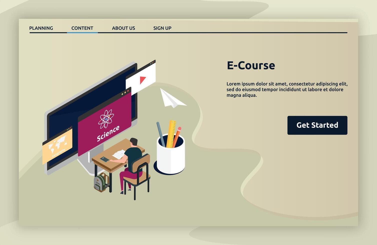 E-Course landing page isometric vector
