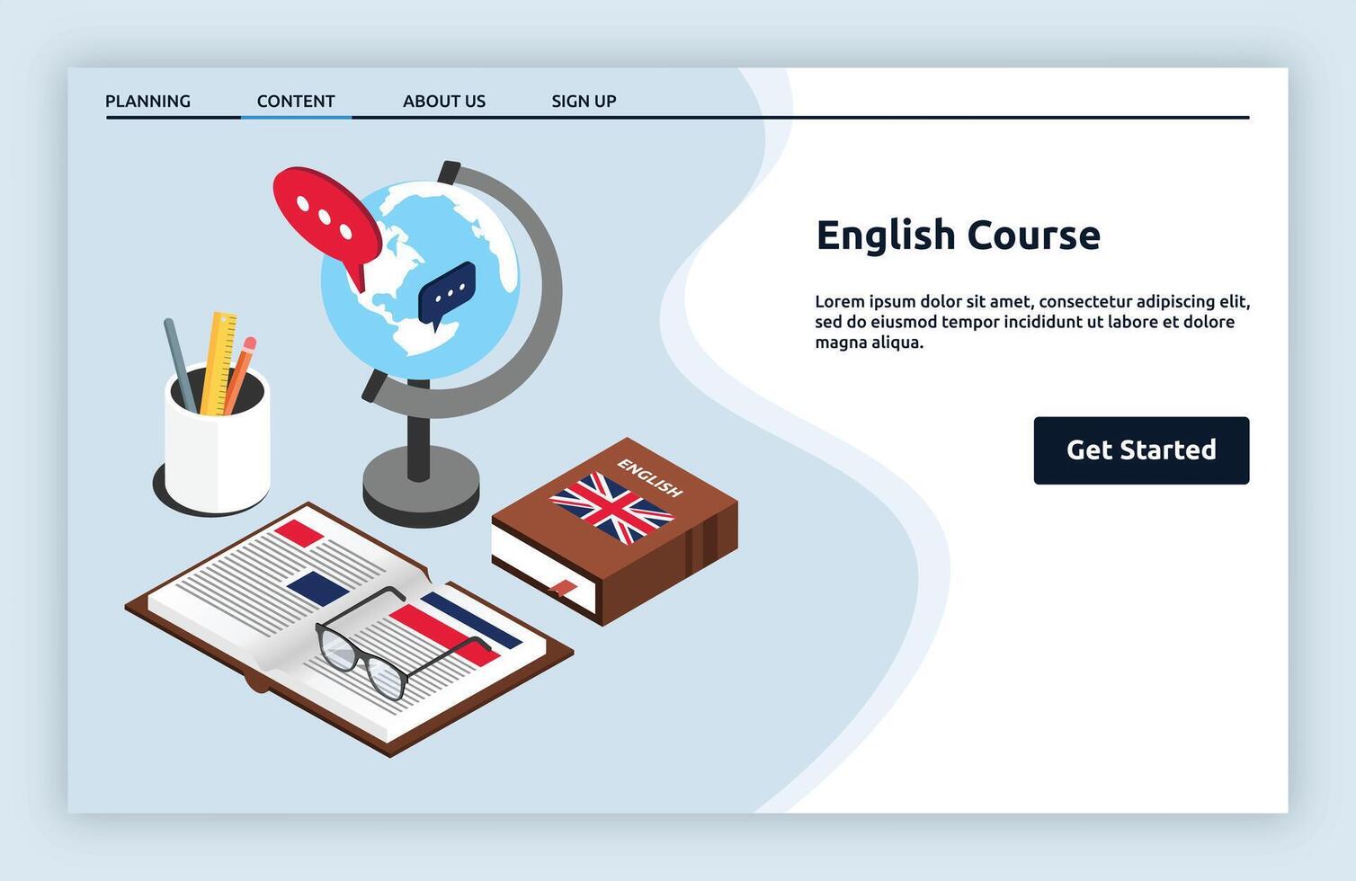 English Course landing page isometric vector