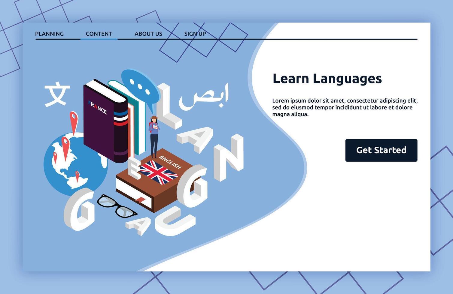 Learn Languages landing page isometric vector