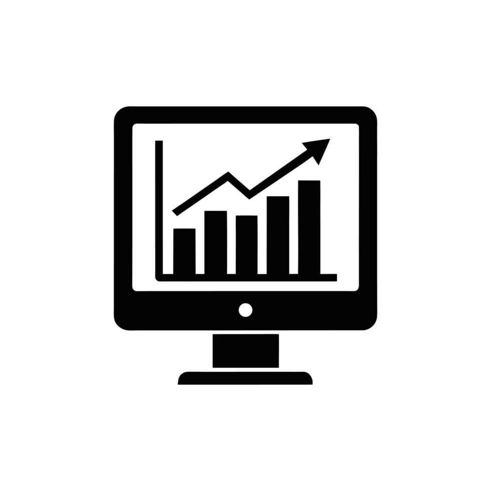 Computer monitor displaying a growing bar graph and line chart isolated on white background vector