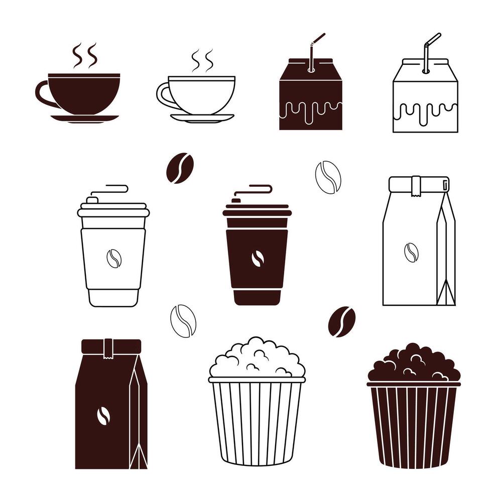 Set Of Bundle Icon Hot Cup Coffee, Paper Bag Coffee, Milk and Popcorn in Outline and Silhouette Style Vectors