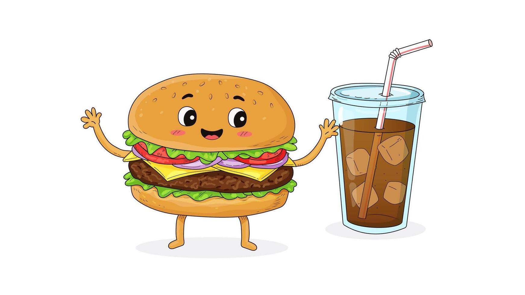 Happy cheeseburger with lettuce, tomato, cheese and a soda cup with straw. Bright colors on white background. Fun fast food character art. Suitable for animation. vector