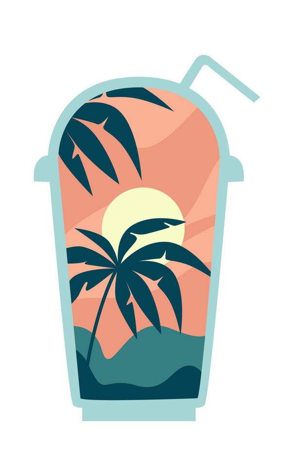 Summer cocktail cup with paradise landscape vector