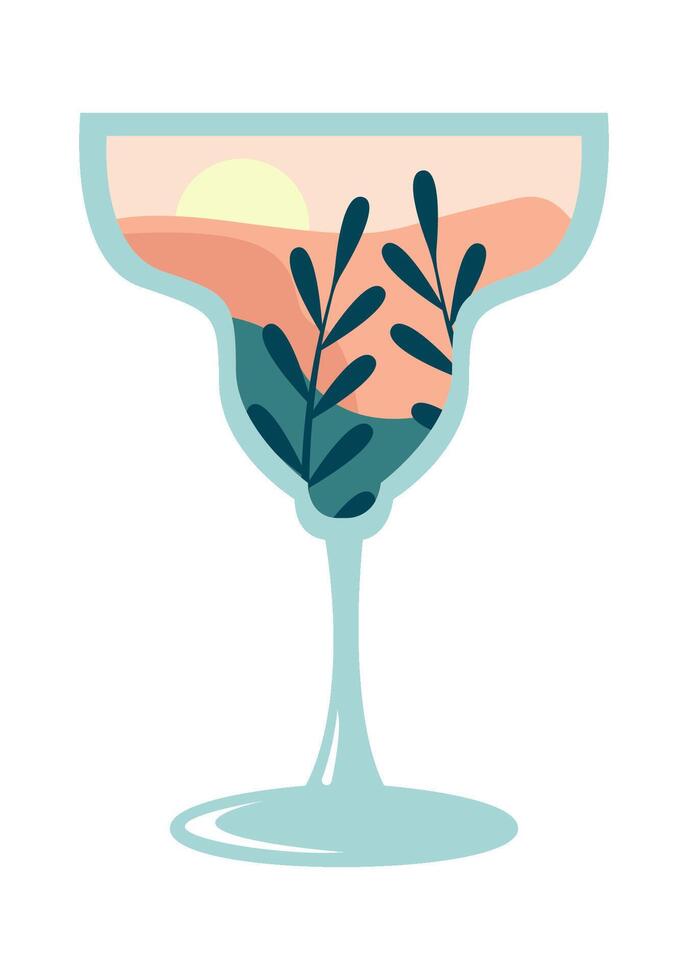 Summer cocktail glass with paradise landscape Drawn Icon vector