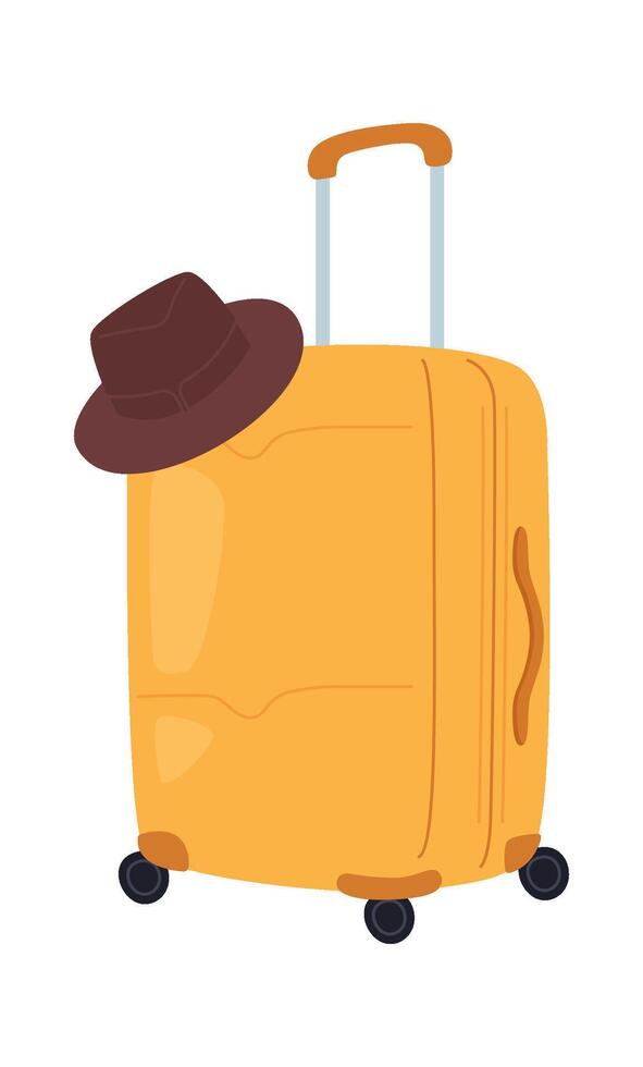 Rolling travel suitcase with hat vector