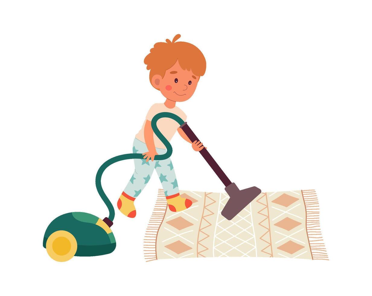 Child helper Boy vacuuming carpet vector