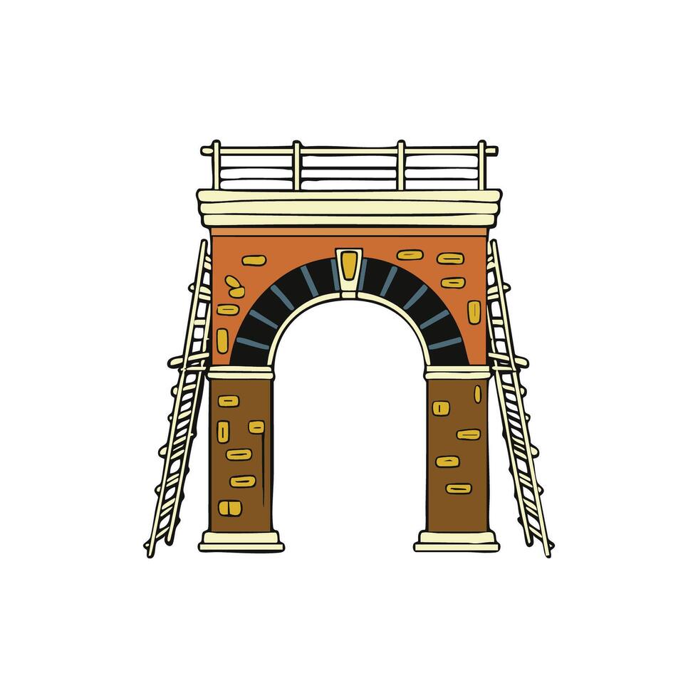 Illustration of a stone arch held by scaffolding, with detailed keystone on top vector