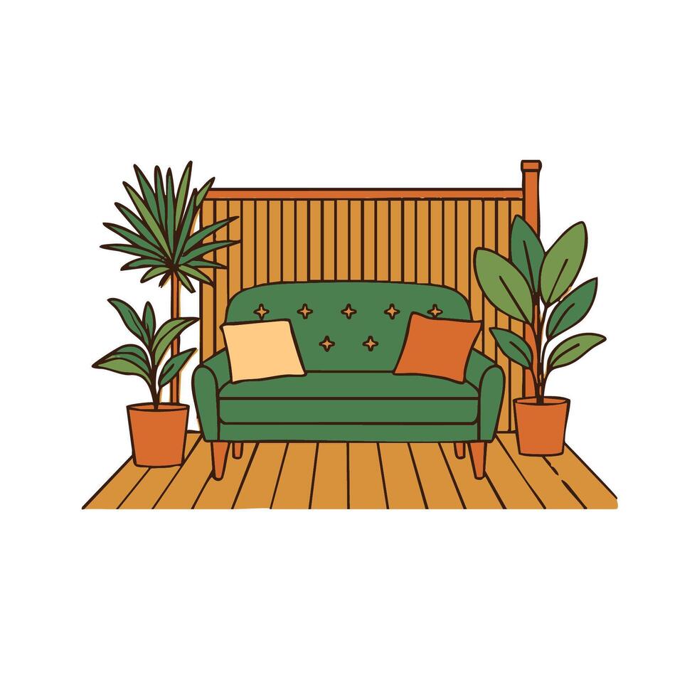 Simple doodle of a sofa on a cozy outdoor patio vector