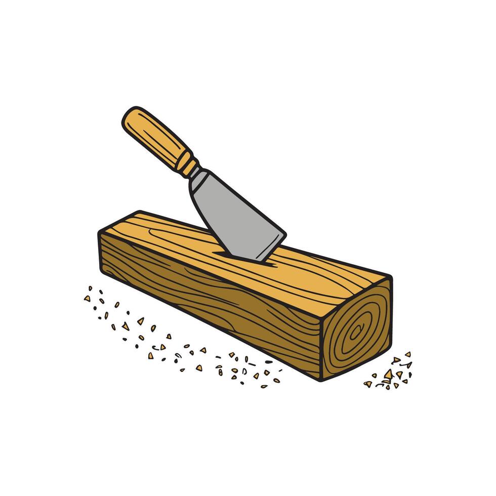 Illustration of a wooden beam with carving chisel and scattered sawdust vector